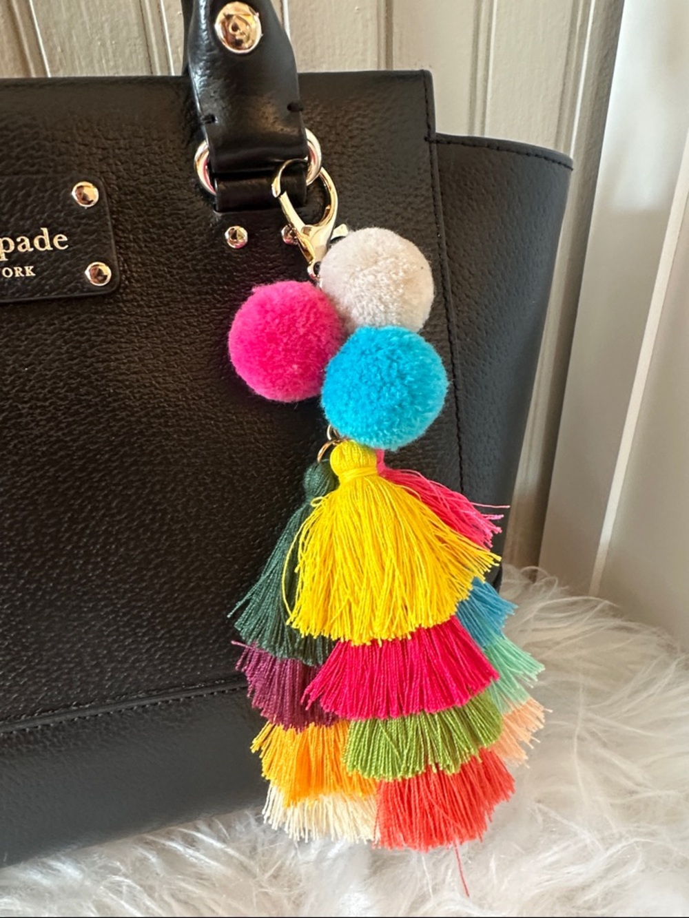 Multicolor Pom & Layered Tassel Charm